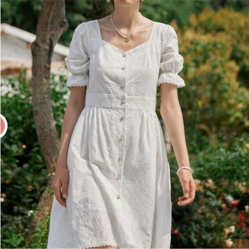 Simple Retro victorian button down front short sleeve cotton Elegant Cream Dress